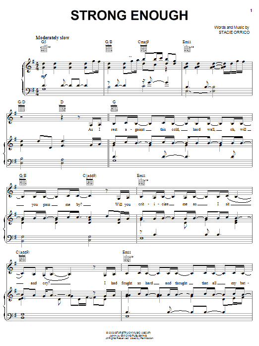 Preview Stacie Orrico Strong Enough Pop sheet music, notes and chords for Piano, Vocal & Guitar (Right-Hand Melody), SKU: 24849 sheet music, piano notes, chords, guitar tabs, score, transpose, transcribe, how to play, guide, download, learn, tutorial, progression, song, artist, awards, billboard, mtv, vh1, tour, single, album, release
