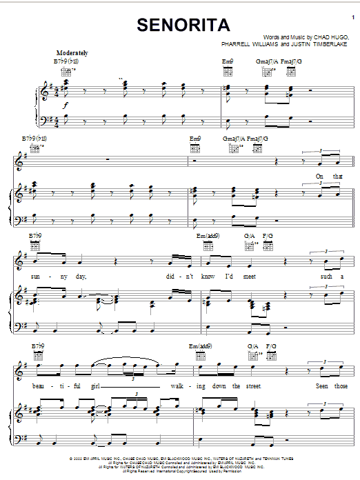 Preview Justin Timberlake Senorita Pop sheet music, notes and chords for Piano, Vocal & Guitar (Right-Hand Melody), SKU: 24855 sheet music, piano notes, chords, guitar tabs, score, transpose, transcribe, how to play, guide, download, learn, tutorial, progression, song, artist, awards, billboard, mtv, vh1, tour, single, album, release