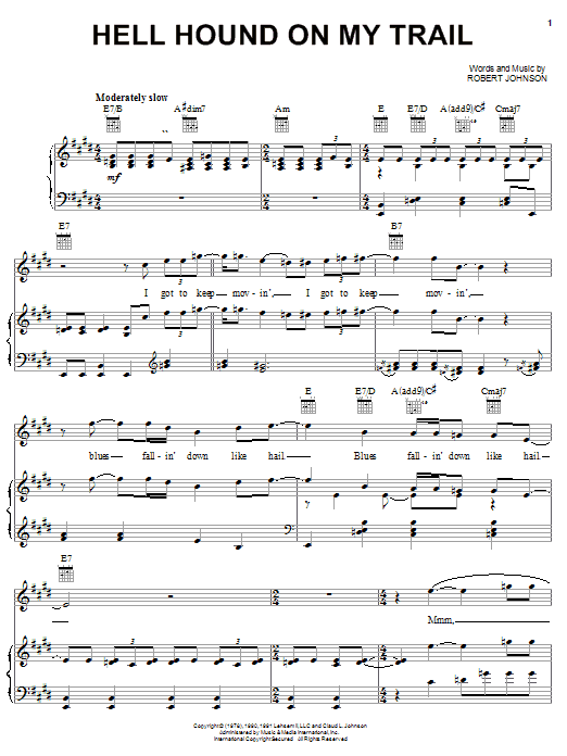Preview Robert Johnson Hell Hound On My Trail Blues sheet music, notes and chords for Piano, Vocal & Guitar (Right-Hand Melody), SKU: 24856 sheet music, piano notes, chords, guitar tabs, score, transpose, transcribe, how to play, guide, download, learn, tutorial, progression, song, artist, awards, billboard, mtv, vh1, tour, single, album, release
