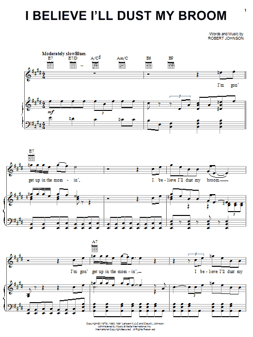 Preview Robert Johnson I Believe I'll Dust My Broom Blues sheet music, notes and chords for Piano, Vocal & Guitar (Right-Hand Melody), SKU: 24858 sheet music, piano notes, chords, guitar tabs, score, transpose, transcribe, how to play, guide, download, learn, tutorial, progression, song, artist, awards, billboard, mtv, vh1, tour, single, album, release
