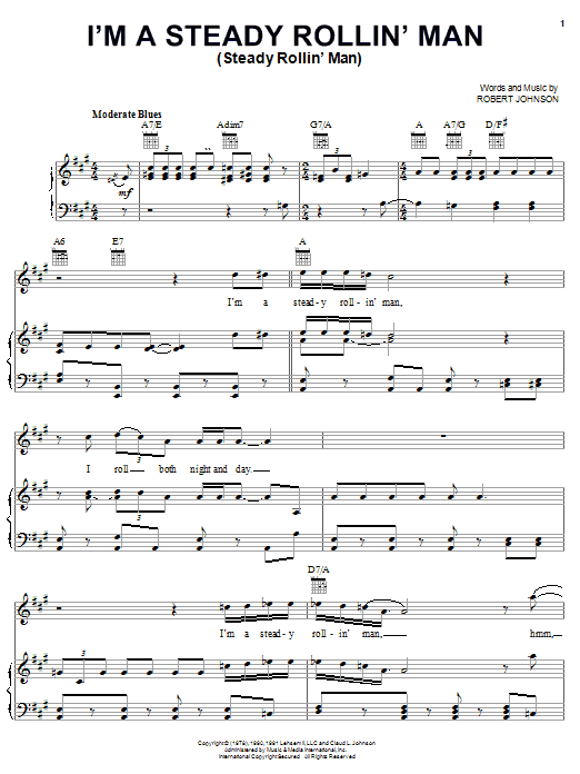 Preview Robert Johnson I'm A Steady Rollin' Man (Steady Rollin' Man) Blues sheet music, notes and chords for Piano, Vocal & Guitar (Right-Hand Melody), SKU: 24860 sheet music, piano notes, chords, guitar tabs, score, transpose, transcribe, how to play, guide, download, learn, tutorial, progression, song, artist, awards, billboard, mtv, vh1, tour, single, album, release