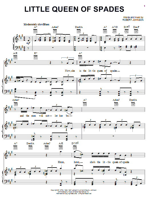 Preview Robert Johnson Little Queen Of Spades Blues sheet music, notes and chords for Piano, Vocal & Guitar (Right-Hand Melody), SKU: 24862 sheet music, piano notes, chords, guitar tabs, score, transpose, transcribe, how to play, guide, download, learn, tutorial, progression, song, artist, awards, billboard, mtv, vh1, tour, single, album, release