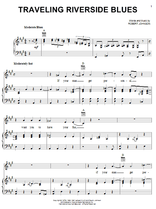Preview Robert Johnson Traveling Riverside Blues Blues sheet music, notes and chords for Piano, Vocal & Guitar (Right-Hand Melody), SKU: 24864 sheet music, piano notes, chords, guitar tabs, score, transpose, transcribe, how to play, guide, download, learn, tutorial, progression, song, artist, awards, billboard, mtv, vh1, tour, single, album, release
