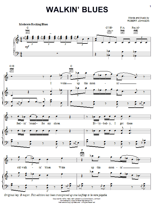 Preview Robert Johnson Walkin' Blues Pop sheet music, notes and chords for Piano, Vocal & Guitar (Right-Hand Melody), SKU: 24865 sheet music, piano notes, chords, guitar tabs, score, transpose, transcribe, how to play, guide, download, learn, tutorial, progression, song, artist, awards, billboard, mtv, vh1, tour, single, album, release