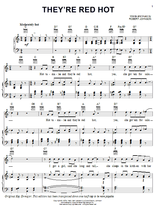 Preview Robert Johnson They're Red Hot Pop sheet music, notes and chords for Piano, Vocal & Guitar (Right-Hand Melody), SKU: 24867 sheet music, piano notes, chords, guitar tabs, score, transpose, transcribe, how to play, guide, download, learn, tutorial, progression, song, artist, awards, billboard, mtv, vh1, tour, single, album, release