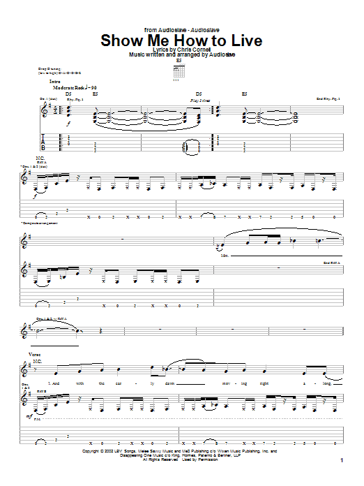 Preview Audioslave Show Me How To Live Rock sheet music, notes and chords for Guitar Tab, SKU: 24868 sheet music, piano notes, chords, guitar tabs, score, transpose, transcribe, how to play, guide, download, learn, tutorial, progression, song, artist, awards, billboard, mtv, vh1, tour, single, album, release