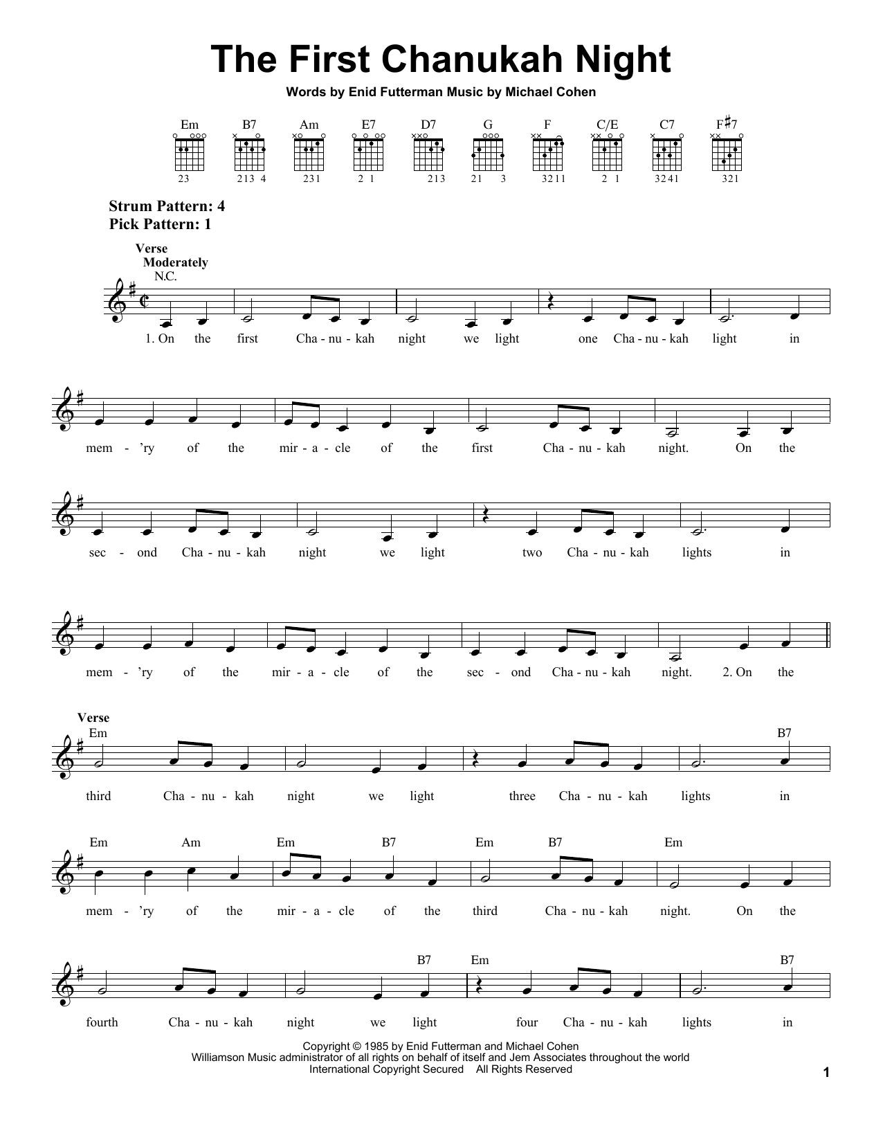 Preview Enid Futterman The First Chanukah Night Christmas sheet music, notes and chords for Easy Guitar, SKU: 24872 sheet music, piano notes, chords, guitar tabs, score, transpose, transcribe, how to play, guide, download, learn, tutorial, progression, song, artist, awards, billboard, mtv, vh1, tour, single, album, release