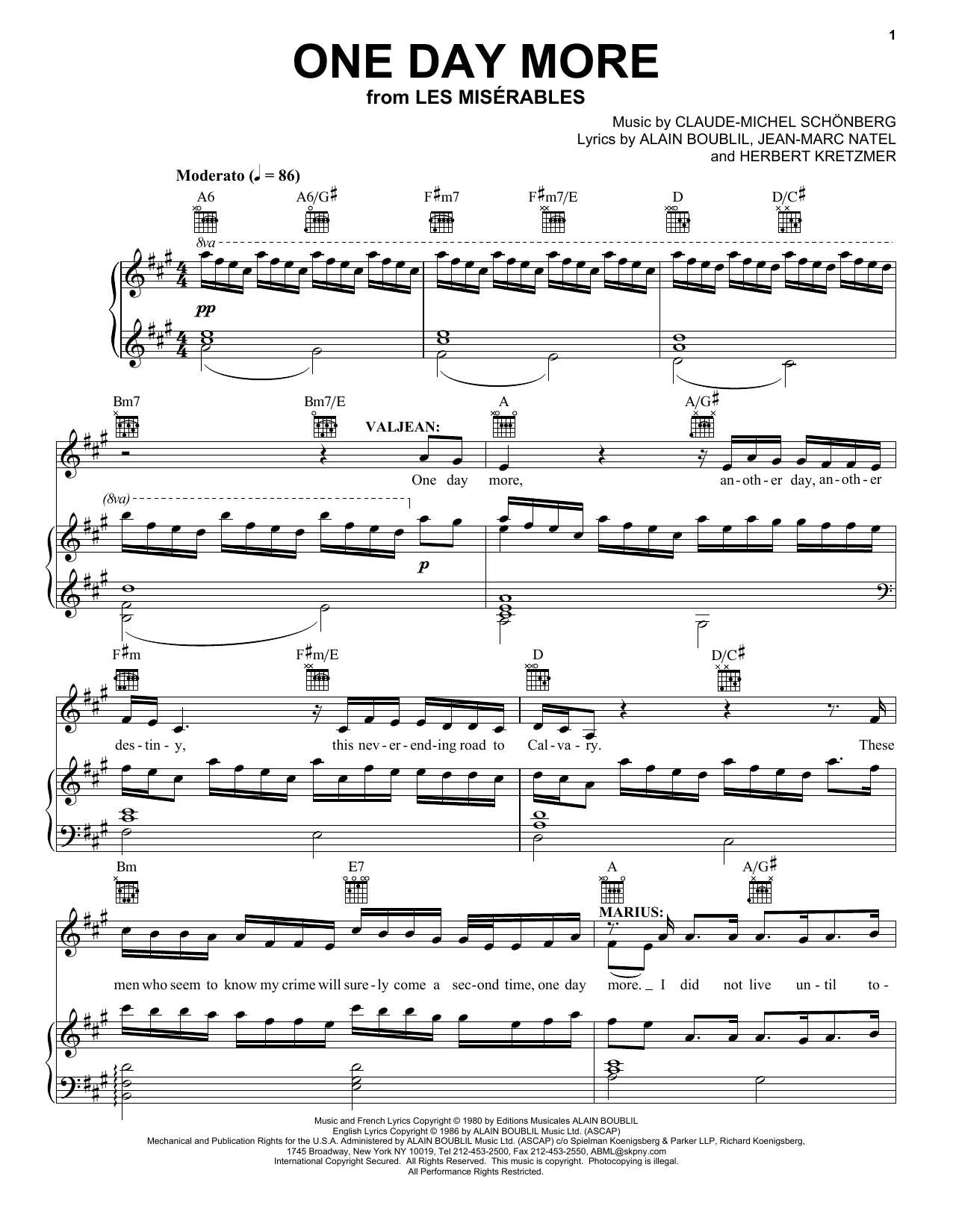 Preview Alain Boublil One Day More Broadway sheet music, notes and chords for Piano, Vocal & Guitar (Right-Hand Melody), SKU: 24891 sheet music, piano notes, chords, guitar tabs, score, transpose, transcribe, how to play, guide, download, learn, tutorial, progression, song, artist, awards, billboard, mtv, vh1, tour, single, album, release