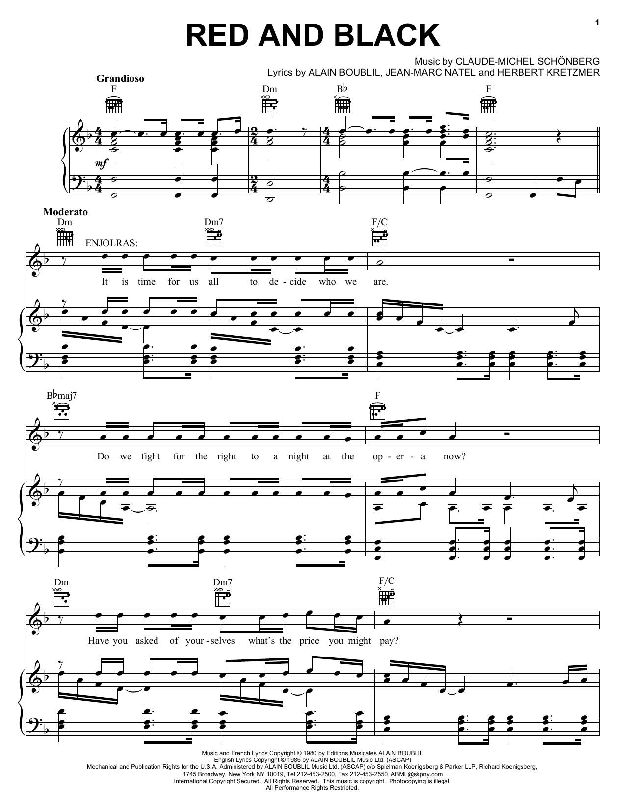 Preview Alain Boublil Red And Black Broadway sheet music, notes and chords for Piano, Vocal & Guitar (Right-Hand Melody), SKU: 24892 sheet music, piano notes, chords, guitar tabs, score, transpose, transcribe, how to play, guide, download, learn, tutorial, progression, song, artist, awards, billboard, mtv, vh1, tour, single, album, release
