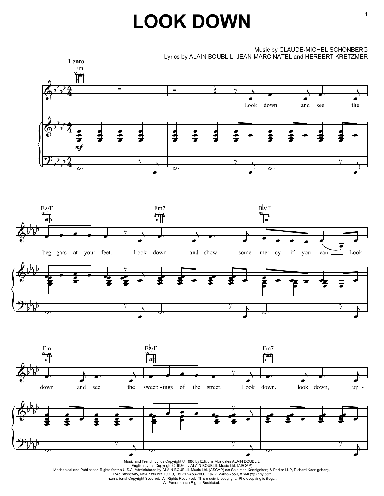 Preview Alain Boublil Look Down Broadway sheet music, notes and chords for Piano, Vocal & Guitar (Right-Hand Melody), SKU: 24893 sheet music, piano notes, chords, guitar tabs, score, transpose, transcribe, how to play, guide, download, learn, tutorial, progression, song, artist, awards, billboard, mtv, vh1, tour, single, album, release