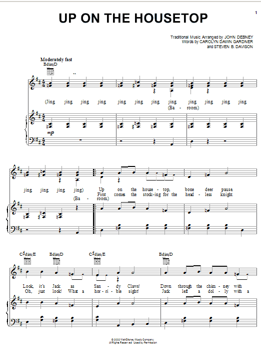 Preview Carolyn Dawn Gardner Up On The Housetop Film and TV sheet music, notes and chords for Piano, Vocal & Guitar (Right-Hand Melody), SKU: 24896 sheet music, piano notes, chords, guitar tabs, score, transpose, transcribe, how to play, guide, download, learn, tutorial, progression, song, artist, awards, billboard, mtv, vh1, tour, single, album, release