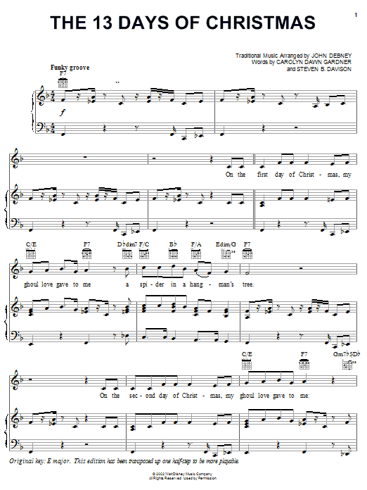 Preview Carolyn Dawn Gardner The 13 Days Of Christmas Film and TV sheet music, notes and chords for Piano, Vocal & Guitar (Right-Hand Melody), SKU: 24902 sheet music, piano notes, chords, guitar tabs, score, transpose, transcribe, how to play, guide, download, learn, tutorial, progression, song, artist, awards, billboard, mtv, vh1, tour, single, album, release