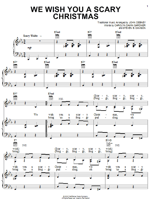 Preview Carolyn Dawn Gardner We Wish You A Scary Christmas Film and TV sheet music, notes and chords for Piano, Vocal & Guitar (Right-Hand Melody), SKU: 24903 sheet music, piano notes, chords, guitar tabs, score, transpose, transcribe, how to play, guide, download, learn, tutorial, progression, song, artist, awards, billboard, mtv, vh1, tour, single, album, release