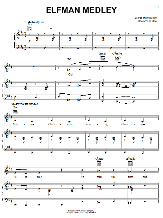 Preview Danny Elfman Elfman Medley Film and TV sheet music, notes and chords for Piano, Vocal & Guitar (Right-Hand Melody), SKU: 24904 sheet music, piano notes, chords, guitar tabs, score, transpose, transcribe, how to play, guide, download, learn, tutorial, progression, song, artist, awards, billboard, mtv, vh1, tour, single, album, release