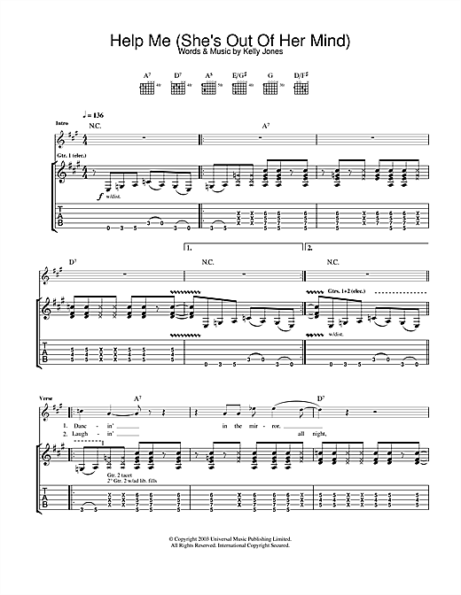 Preview Stereophonics Help Me (She's Out Of Her Mind) Rock sheet music, notes and chords for Guitar Tab, SKU: 24907 sheet music, piano notes, chords, guitar tabs, score, transpose, transcribe, how to play, guide, download, learn, tutorial, progression, song, artist, awards, billboard, mtv, vh1, tour, single, album, release