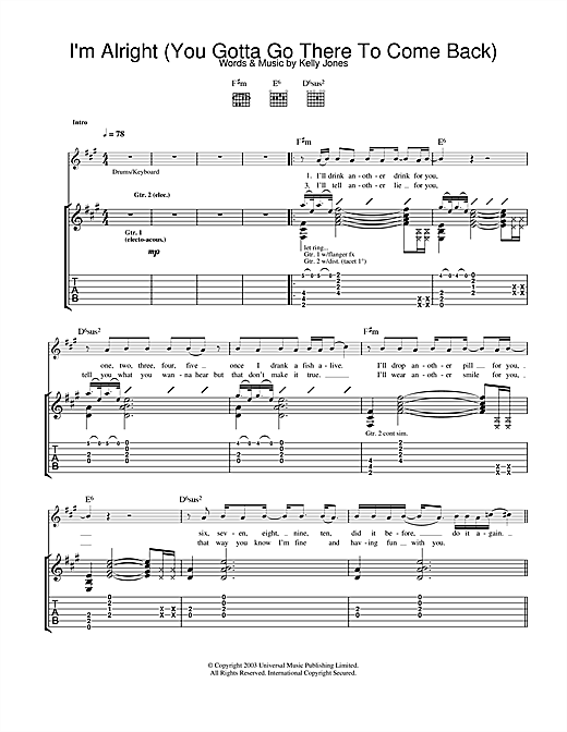 Preview Stereophonics I'm Alright (You Gotta Go There To Come Back) Rock sheet music, notes and chords for Guitar Tab, SKU: 24910 sheet music, piano notes, chords, guitar tabs, score, transpose, transcribe, how to play, guide, download, learn, tutorial, progression, song, artist, awards, billboard, mtv, vh1, tour, single, album, release