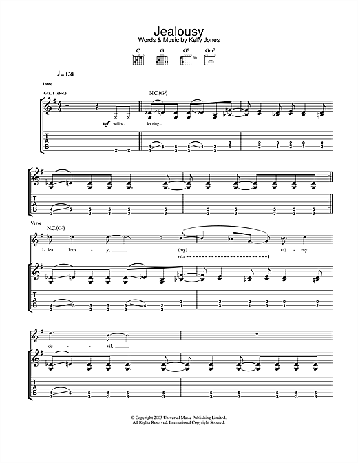 Preview Stereophonics Jealousy Rock sheet music, notes and chords for Guitar Tab, SKU: 24911 sheet music, piano notes, chords, guitar tabs, score, transpose, transcribe, how to play, guide, download, learn, tutorial, progression, song, artist, awards, billboard, mtv, vh1, tour, single, album, release