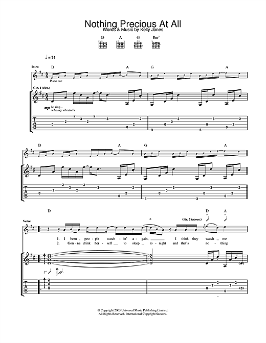 Preview Stereophonics Nothing Precious At All Rock sheet music, notes and chords for Guitar Tab, SKU: 24914 sheet music, piano notes, chords, guitar tabs, score, transpose, transcribe, how to play, guide, download, learn, tutorial, progression, song, artist, awards, billboard, mtv, vh1, tour, single, album, release