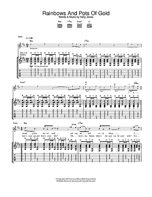 Preview Stereophonics Rainbows And Pots Of Gold Rock sheet music, notes and chords for Guitar Tab, SKU: 24915 sheet music, piano notes, chords, guitar tabs, score, transpose, transcribe, how to play, guide, download, learn, tutorial, progression, song, artist, awards, billboard, mtv, vh1, tour, single, album, release