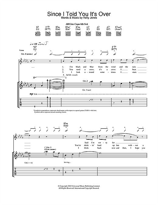 Preview Stereophonics Since I Told You It's Over Rock sheet music, notes and chords for Guitar Tab, SKU: 24916 sheet music, piano notes, chords, guitar tabs, score, transpose, transcribe, how to play, guide, download, learn, tutorial, progression, song, artist, awards, billboard, mtv, vh1, tour, single, album, release