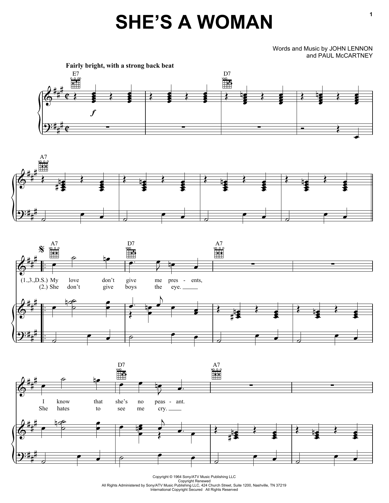 Preview The Beatles She's A Woman Rock sheet music, notes and chords for Piano, Vocal & Guitar (Right-Hand Melody), SKU: 24922 sheet music, piano notes, chords, guitar tabs, score, transpose, transcribe, how to play, guide, download, learn, tutorial, progression, song, artist, awards, billboard, mtv, vh1, tour, single, album, release