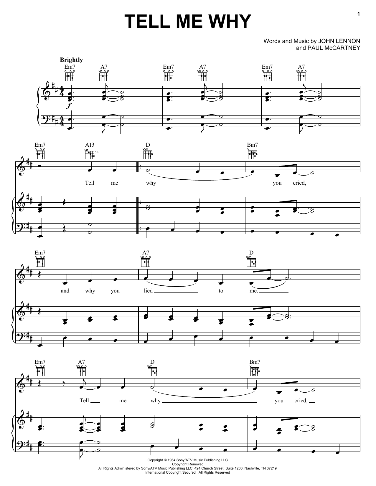 Preview The Beatles Tell Me Why Rock sheet music, notes and chords for Piano, Vocal & Guitar (Right-Hand Melody), SKU: 24923 sheet music, piano notes, chords, guitar tabs, score, transpose, transcribe, how to play, guide, download, learn, tutorial, progression, song, artist, awards, billboard, mtv, vh1, tour, single, album, release