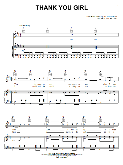 Preview The Beatles Thank You Girl Rock sheet music, notes and chords for Piano, Vocal & Guitar (Right-Hand Melody), SKU: 24924 sheet music, piano notes, chords, guitar tabs, score, transpose, transcribe, how to play, guide, download, learn, tutorial, progression, song, artist, awards, billboard, mtv, vh1, tour, single, album, release