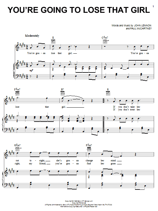 Preview The Beatles You're Going To Lose That Girl Rock sheet music, notes and chords for Piano, Vocal & Guitar (Right-Hand Melody), SKU: 24926 sheet music, piano notes, chords, guitar tabs, score, transpose, transcribe, how to play, guide, download, learn, tutorial, progression, song, artist, awards, billboard, mtv, vh1, tour, single, album, release