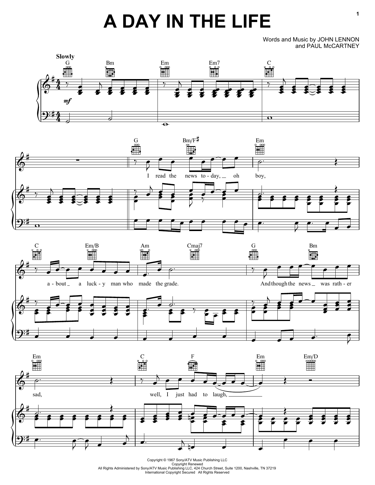 Preview The Beatles A Day In The Life Rock sheet music, notes and chords for Piano, Vocal & Guitar (Right-Hand Melody), SKU: 24927 sheet music, piano notes, chords, guitar tabs, score, transpose, transcribe, how to play, guide, download, learn, tutorial, progression, song, artist, awards, billboard, mtv, vh1, tour, single, album, release