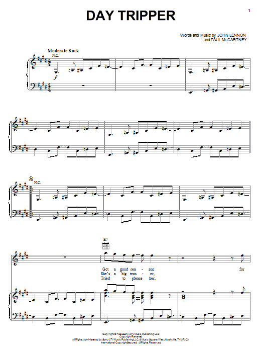 Preview The Beatles Day Tripper Rock sheet music, notes and chords for Piano, Vocal & Guitar (Right-Hand Melody), SKU: 24928 sheet music, piano notes, chords, guitar tabs, score, transpose, transcribe, how to play, guide, download, learn, tutorial, progression, song, artist, awards, billboard, mtv, vh1, tour, single, album, release