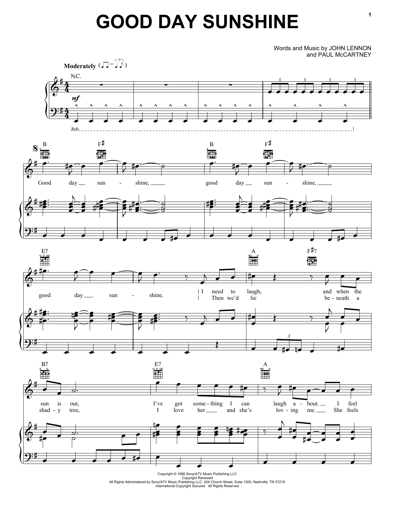 Preview The Beatles Good Day Sunshine Rock sheet music, notes and chords for Piano, Vocal & Guitar (Right-Hand Melody), SKU: 24932 sheet music, piano notes, chords, guitar tabs, score, transpose, transcribe, how to play, guide, download, learn, tutorial, progression, song, artist, awards, billboard, mtv, vh1, tour, single, album, release