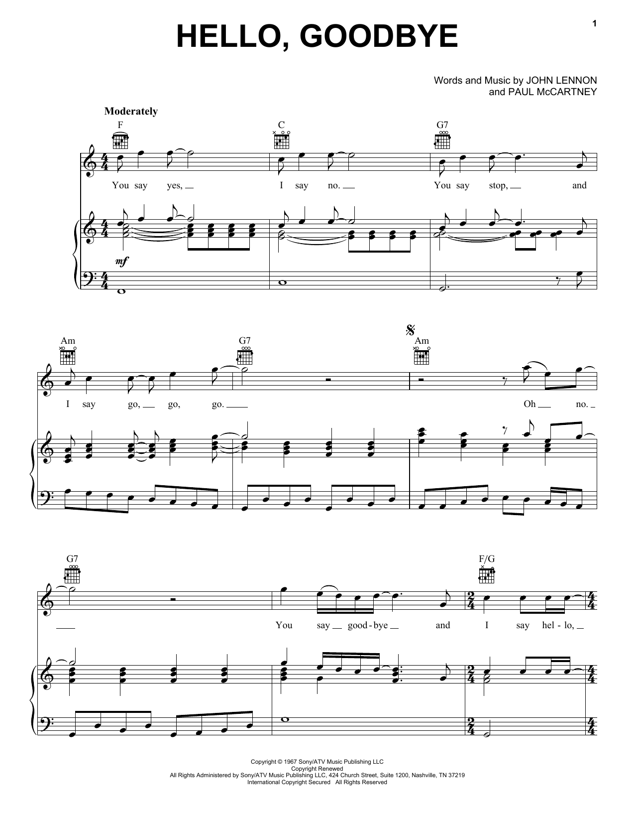 Preview The Beatles Hello, Goodbye Rock sheet music, notes and chords for Piano, Vocal & Guitar (Right-Hand Melody), SKU: 24933 sheet music, piano notes, chords, guitar tabs, score, transpose, transcribe, how to play, guide, download, learn, tutorial, progression, song, artist, awards, billboard, mtv, vh1, tour, single, album, release