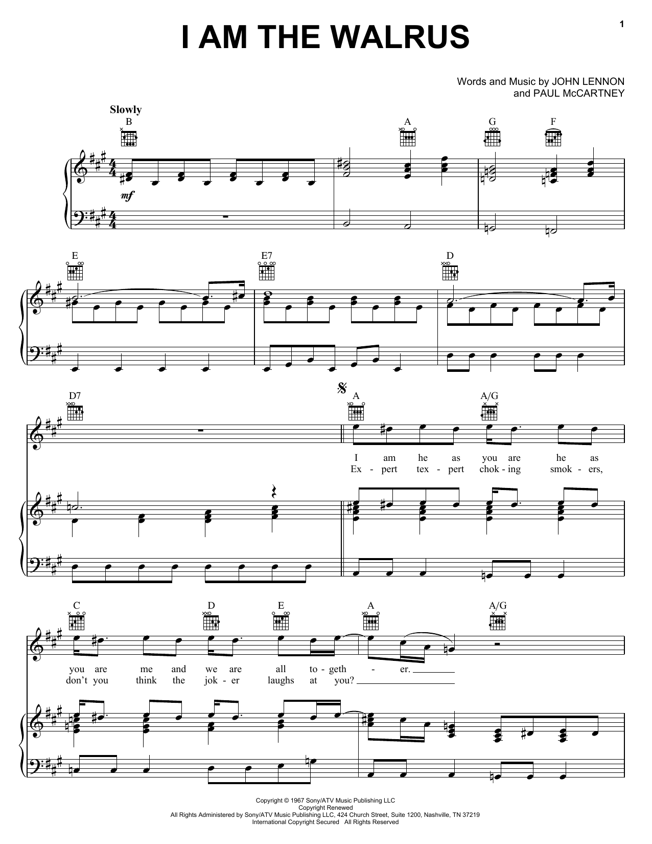 Preview The Beatles I Am The Walrus Pop sheet music, notes and chords for Piano, Vocal & Guitar (Right-Hand Melody), SKU: 24934 sheet music, piano notes, chords, guitar tabs, score, transpose, transcribe, how to play, guide, download, learn, tutorial, progression, song, artist, awards, billboard, mtv, vh1, tour, single, album, release