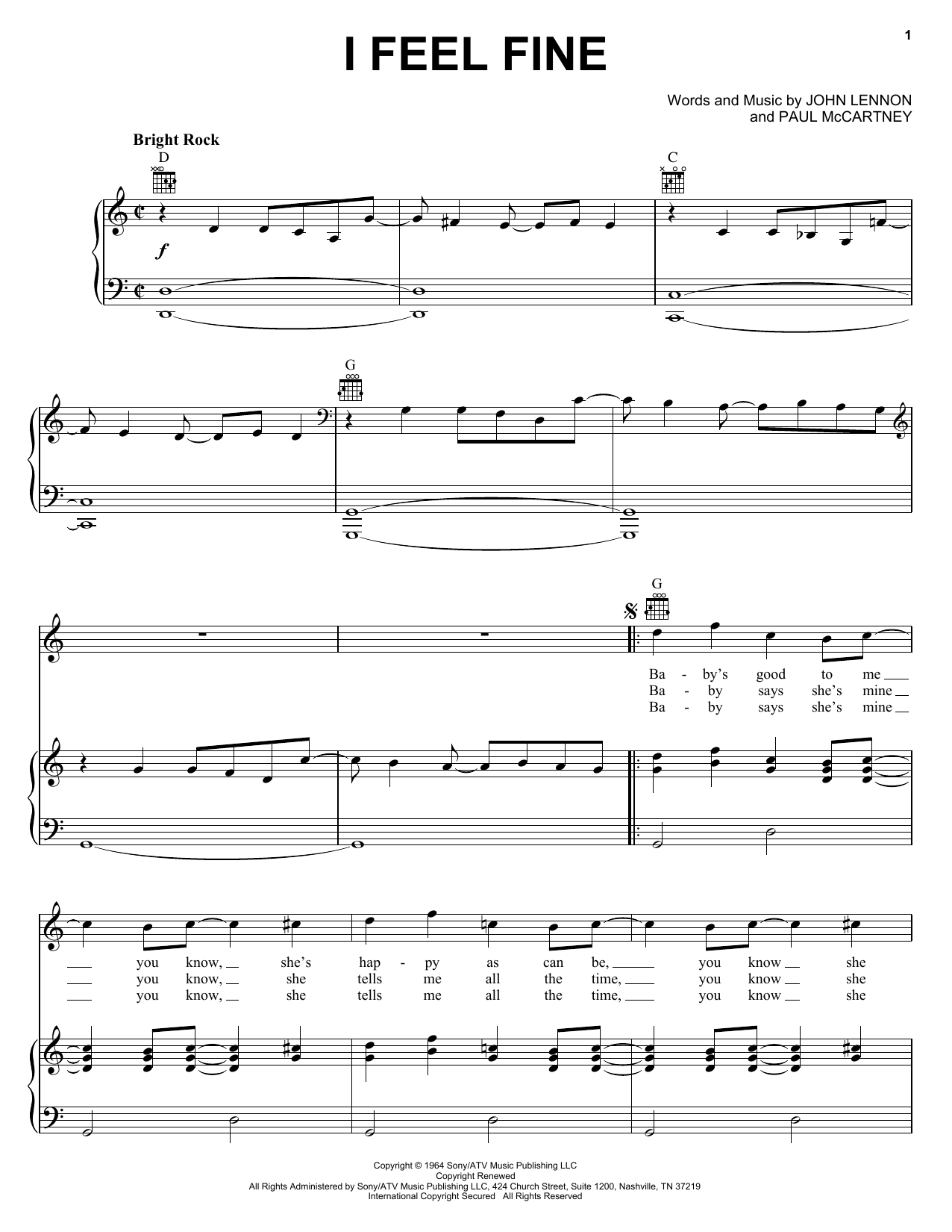 Preview The Beatles I Feel Fine Rock sheet music, notes and chords for Piano, Vocal & Guitar (Right-Hand Melody), SKU: 24935 sheet music, piano notes, chords, guitar tabs, score, transpose, transcribe, how to play, guide, download, learn, tutorial, progression, song, artist, awards, billboard, mtv, vh1, tour, single, album, release