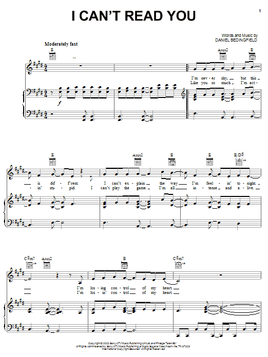 Preview Daniel Bedingfield I Can't Read You Pop sheet music, notes and chords for Piano, Vocal & Guitar (Right-Hand Melody), SKU: 24941 sheet music, piano notes, chords, guitar tabs, score, transpose, transcribe, how to play, guide, download, learn, tutorial, progression, song, artist, awards, billboard, mtv, vh1, tour, single, album, release