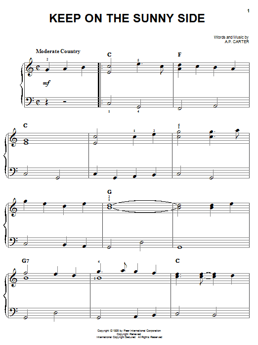 Preview The Carter Family Keep On The Sunny Side Country sheet music, notes and chords for Easy Piano, SKU: 24947 sheet music, piano notes, chords, guitar tabs, score, transpose, transcribe, how to play, guide, download, learn, tutorial, progression, song, artist, awards, billboard, mtv, vh1, tour, single, album, release