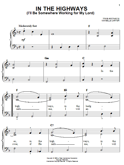 Preview Maybelle Carter In The Highways (I'll Be Somewhere Working For My Lord) Country sheet music, notes and chords for Easy Piano, SKU: 24949 sheet music, piano notes, chords, guitar tabs, score, transpose, transcribe, how to play, guide, download, learn, tutorial, progression, song, artist, awards, billboard, mtv, vh1, tour, single, album, release
