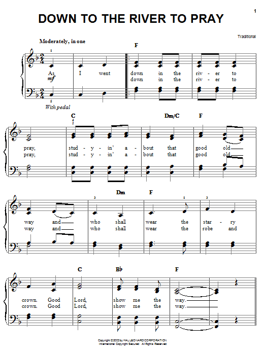 Preview Alison Krauss Down To The River To Pray Country sheet music, notes and chords for Easy Piano, SKU: 24950 sheet music, piano notes, chords, guitar tabs, score, transpose, transcribe, how to play, guide, download, learn, tutorial, progression, song, artist, awards, billboard, mtv, vh1, tour, single, album, release
