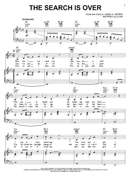 Preview Survivor The Search Is Over Rock sheet music, notes and chords for Piano, Vocal & Guitar (Right-Hand Melody), SKU: 24954 sheet music, piano notes, chords, guitar tabs, score, transpose, transcribe, how to play, guide, download, learn, tutorial, progression, song, artist, awards, billboard, mtv, vh1, tour, single, album, release