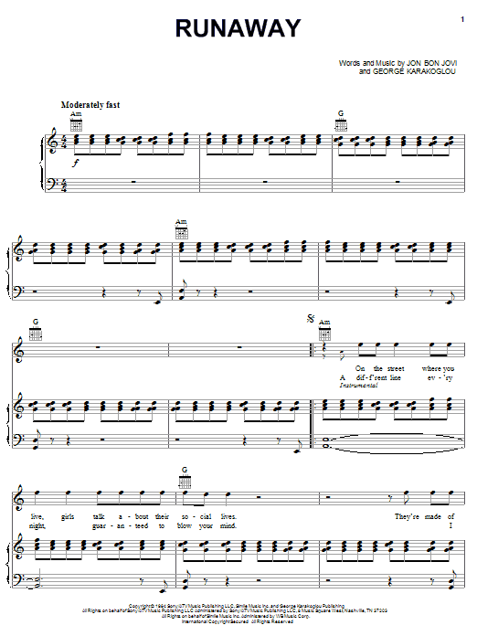 Preview Bon Jovi Runaway Pop sheet music, notes and chords for Piano, Vocal & Guitar (Right-Hand Melody), SKU: 24956 sheet music, piano notes, chords, guitar tabs, score, transpose, transcribe, how to play, guide, download, learn, tutorial, progression, song, artist, awards, billboard, mtv, vh1, tour, single, album, release