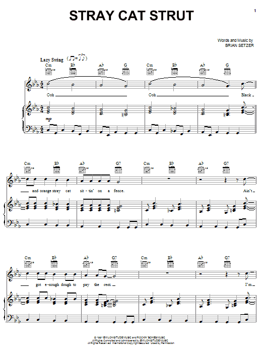 Preview Stray Cats Stray Cat Strut Rock sheet music, notes and chords for Piano, Vocal & Guitar (Right-Hand Melody), SKU: 24957 sheet music, piano notes, chords, guitar tabs, score, transpose, transcribe, how to play, guide, download, learn, tutorial, progression, song, artist, awards, billboard, mtv, vh1, tour, single, album, release