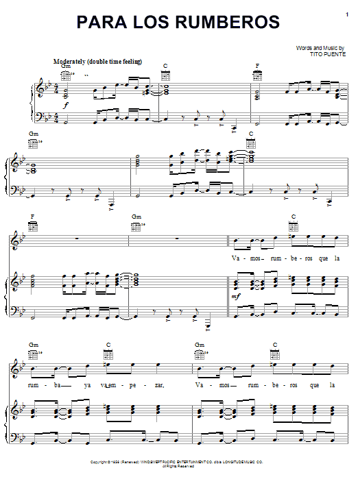 Preview Tito Puente Para Los Rumberos Pop sheet music, notes and chords for Piano, Vocal & Guitar (Right-Hand Melody), SKU: 24960 sheet music, piano notes, chords, guitar tabs, score, transpose, transcribe, how to play, guide, download, learn, tutorial, progression, song, artist, awards, billboard, mtv, vh1, tour, single, album, release