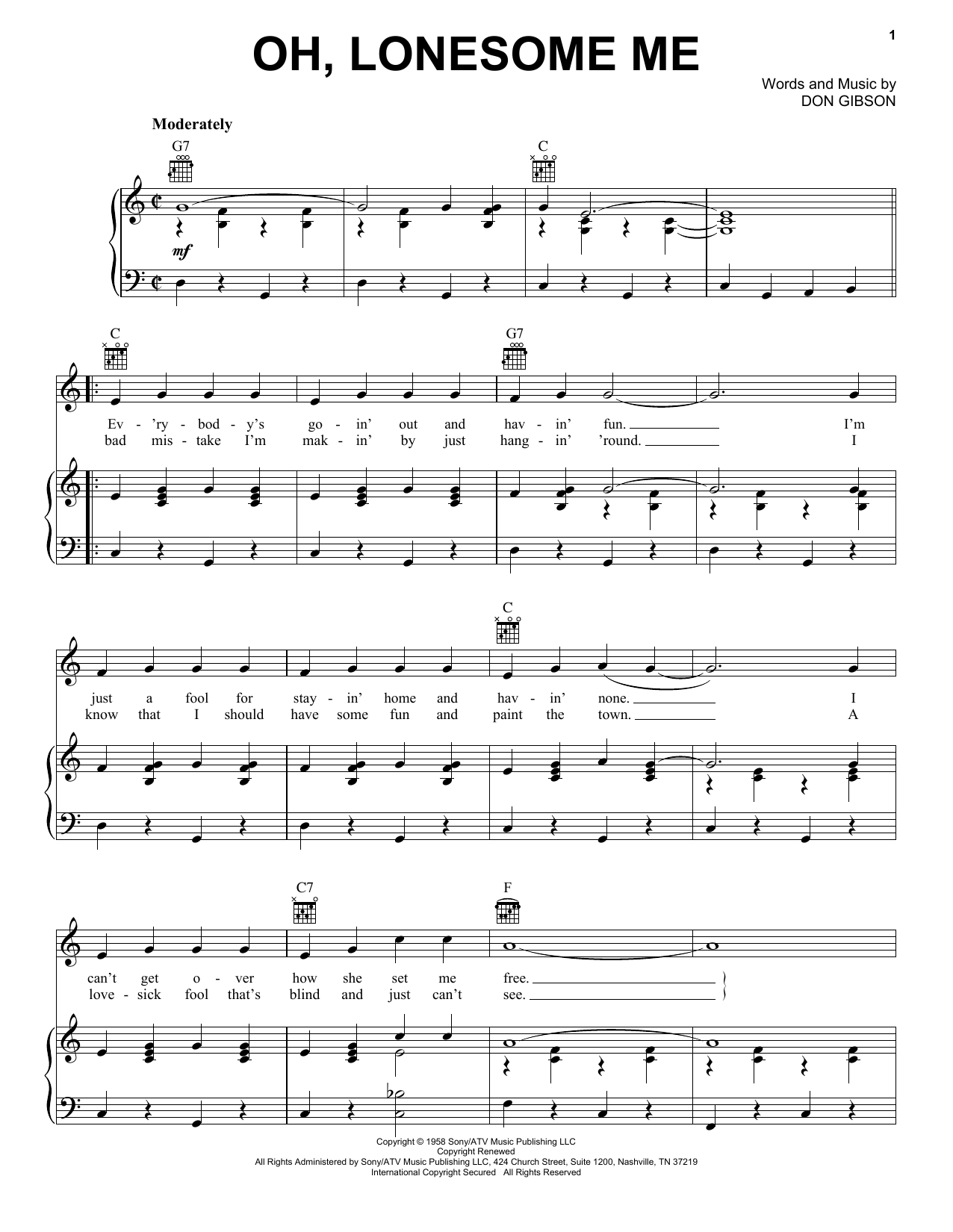Preview Don Gibson Oh, Lonesome Me Country sheet music, notes and chords for Piano, Vocal & Guitar (Right-Hand Melody), SKU: 24962 sheet music, piano notes, chords, guitar tabs, score, transpose, transcribe, how to play, guide, download, learn, tutorial, progression, song, artist, awards, billboard, mtv, vh1, tour, single, album, release