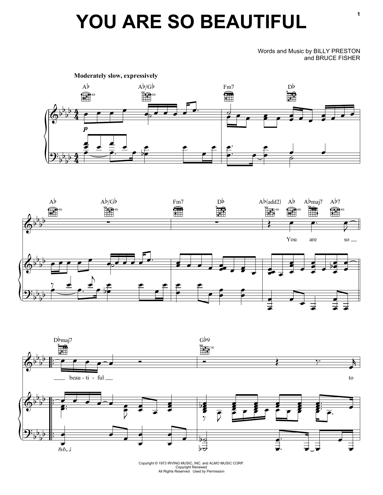 Preview Joe Cocker You Are So Beautiful Ballad sheet music, notes and chords for Piano, Vocal & Guitar (Right-Hand Melody), SKU: 24963 sheet music, piano notes, chords, guitar tabs, score, transpose, transcribe, how to play, guide, download, learn, tutorial, progression, song, artist, awards, billboard, mtv, vh1, tour, single, album, release