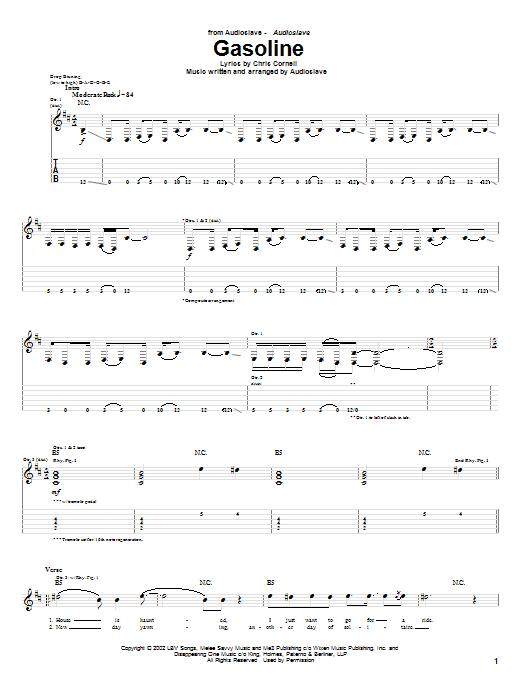 Preview Audioslave Gasoline Metal sheet music, notes and chords for Guitar Tab, SKU: 24966 sheet music, piano notes, chords, guitar tabs, score, transpose, transcribe, how to play, guide, download, learn, tutorial, progression, song, artist, awards, billboard, mtv, vh1, tour, single, album, release