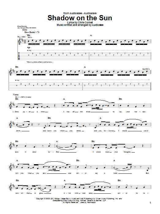 Preview Audioslave Shadow On The Sun Metal sheet music, notes and chords for Guitar Tab, SKU: 24969 sheet music, piano notes, chords, guitar tabs, score, transpose, transcribe, how to play, guide, download, learn, tutorial, progression, song, artist, awards, billboard, mtv, vh1, tour, single, album, release