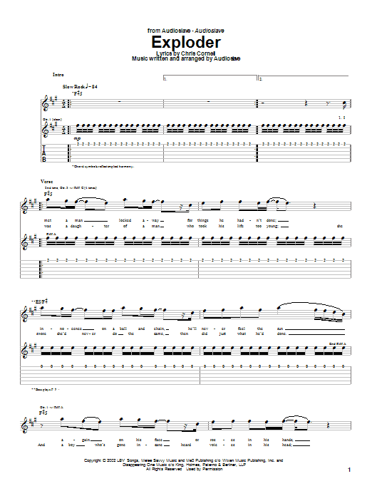 Preview Audioslave Exploder Metal sheet music, notes and chords for Guitar Tab, SKU: 24971 sheet music, piano notes, chords, guitar tabs, score, transpose, transcribe, how to play, guide, download, learn, tutorial, progression, song, artist, awards, billboard, mtv, vh1, tour, single, album, release