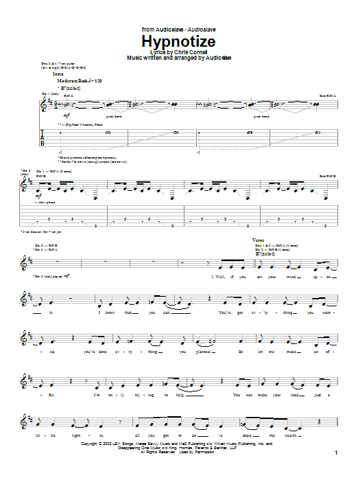 Preview Audioslave Hypnotize Metal sheet music, notes and chords for Guitar Tab, SKU: 24972 sheet music, piano notes, chords, guitar tabs, score, transpose, transcribe, how to play, guide, download, learn, tutorial, progression, song, artist, awards, billboard, mtv, vh1, tour, single, album, release