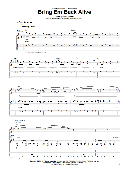 Preview Audioslave Bring Em Back Alive Metal sheet music, notes and chords for Guitar Tab, SKU: 24973 sheet music, piano notes, chords, guitar tabs, score, transpose, transcribe, how to play, guide, download, learn, tutorial, progression, song, artist, awards, billboard, mtv, vh1, tour, single, album, release