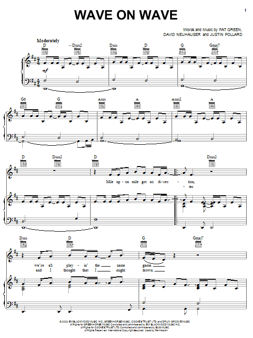 Preview Pat Green Wave On Wave Pop sheet music, notes and chords for Piano, Vocal & Guitar (Right-Hand Melody), SKU: 24978 sheet music, piano notes, chords, guitar tabs, score, transpose, transcribe, how to play, guide, download, learn, tutorial, progression, song, artist, awards, billboard, mtv, vh1, tour, single, album, release